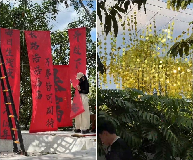 Dù bận rộn đến 10 giờ đêm, Vân Trang vẫn hào hứng cùng nhân viên hoàn thiện những khâu cuối cùng của việc trang trí khuôn viên.