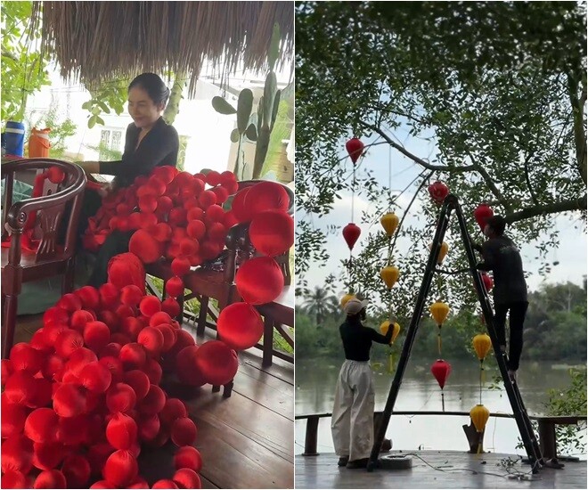 Cơ ngơi này của Vân Trang gây ấn tượng với phong cách farmstay, sử dụng chất liệu chủ đạo là gỗ, tre và nứa, tạo cảm giác gần gũi như những ngôi nhà xưa ở Nam Bộ, nằm bên bờ sông hiền hòa.