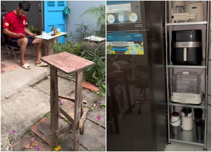 Chiếc kệ gỗ Tiết Cương tự đóng và chiếc kệ mới do bà xã anh mới mua.