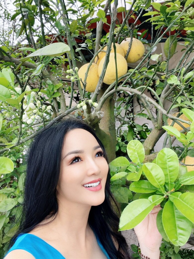 Vẻ đẹp hài hòa giữa quả chín và hoa thơm trên cùng một cây bưởi, Giáng My tâm đắc: Cây bưởi chưa thu hoạch xong quả chín đã ra đầy hoa.
