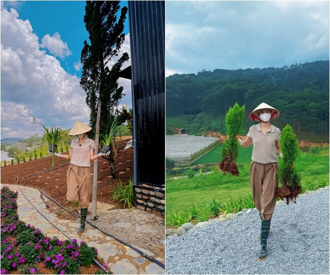Để có được thành quả này, Bùi Quỳnh Hoa đã không ngại xắn tay làm nông dân Trong trang phục giản dị, tay cầm dụng cụ làm vườn, cô tự tay vun xới cho những gốc cây trồng.