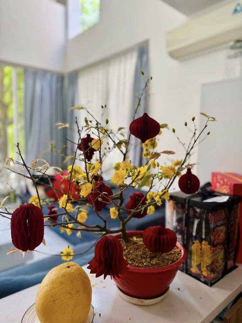 Chậu mai vàng khoe sắc cùng những món đồ trang trí thủ công tông đỏ, tạo điểm nhấn rước tài lộc đầu năm.