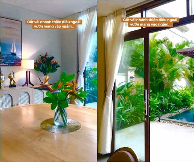 Góc trang trí tinh tế bên trong phòng của Lã Thanh Huyền với bình hoa thiên điểu vừa được hái từ sân vườn, tạo điểm nhấn rực rỡ trên nền nội thất gỗ ấm cúng và sang trọng.