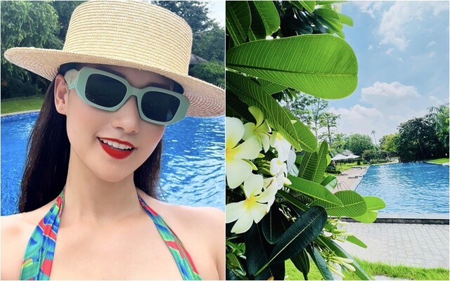 Vẻ rạng rỡ của Lã Thanh Huyền bên những đóa hoa đại đang kỳ nở rộ, cho thấy sự chăm chút kỹ lưỡng của gia chủ đối với từng nhành cây ngọn cỏ trong tổ ấm của mình.