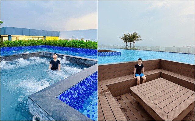 Bể bơi trên cao với tầm nhìn khoáng đạt ôm trọn cảnh quan khu vực lân cận, cho thấy sự đầu tư hoành tráng và xa xỉ của vợ chồng nữ diễn viên. Chàng quý tử của Lã Thanh Huyền cũng rất thích vui chơi ở bể bơi tại gia.