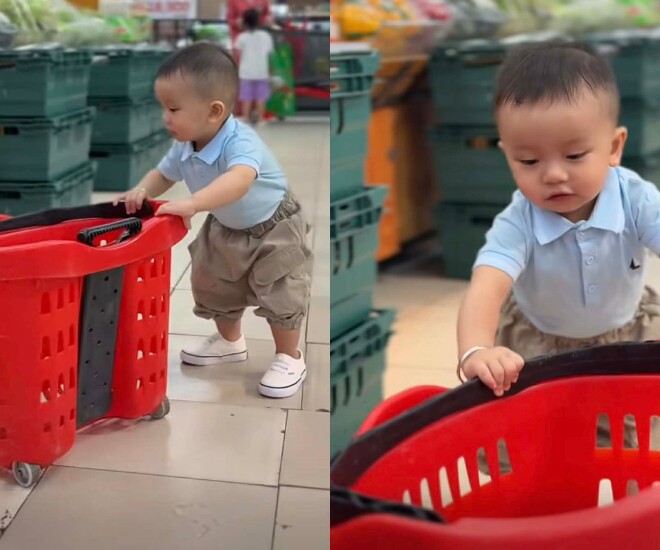 Khoảnh khắc ngộ nghĩnh của cậu út nhà Vân Trang được khen ngợi khi đẩy xe trong siêu thị.