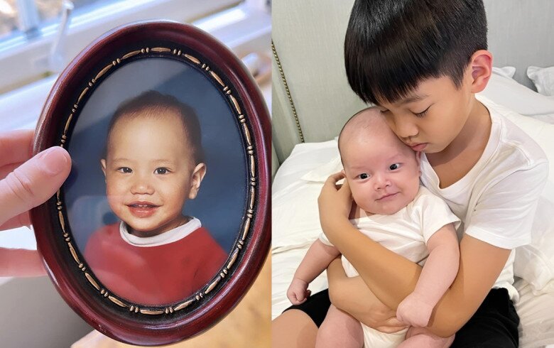 Ngoại hình ngày bé của Kim Lý (bìa trái) và Leon (bìa phải) trông giống hệt nhau.