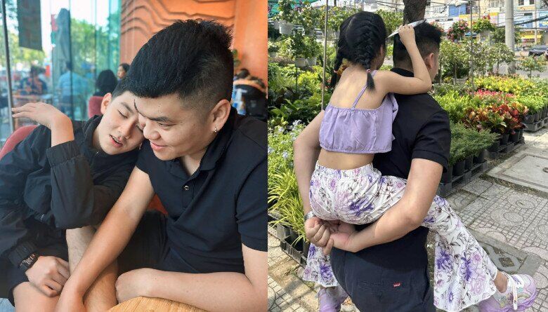 Chồng Lê Phương được khen ngợi chăm con khéo léo.