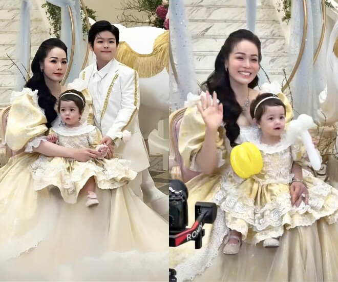 Nhật Kim Anh quây quần bên 2 con trong tiệc thôi nôi của bé Julia.