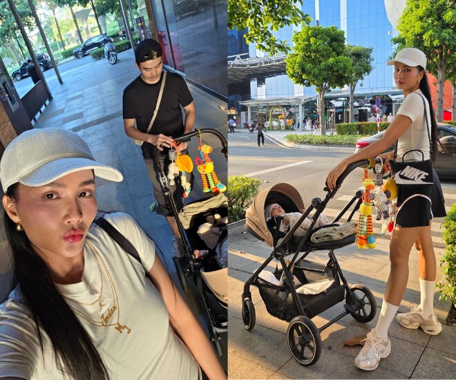 Vợ chồng HHen Niê đưa con đi dạo phố.