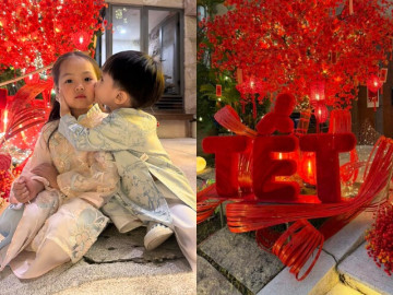 2 con Đàm Thu Trang diện áo dài đón Tết trông cực yêu, biệt thự gia đình trang hoàng lung linh sắc đỏ