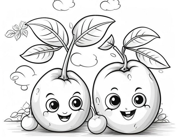 20 bức tranh tô màu rau củ, trái cây có khuôn mặt cười ngộ nghĩnh, bé vừa chơi vừa học về thực phẩm