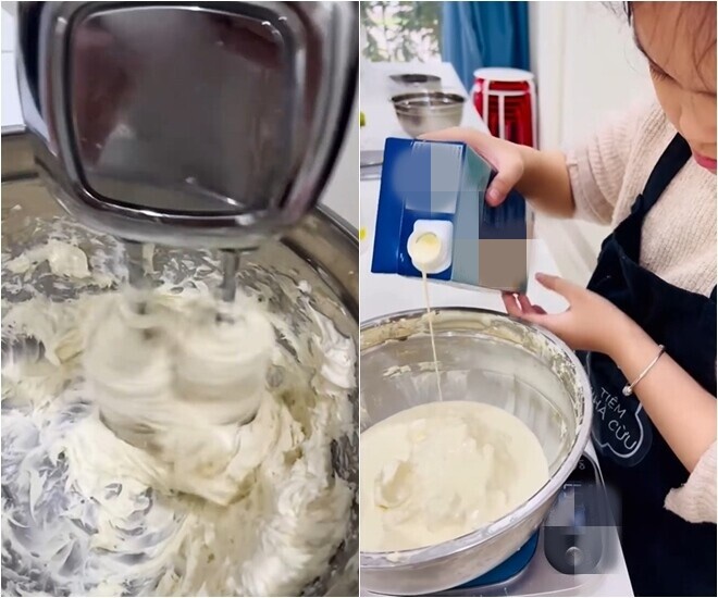 Bé tiếp tục đong thêm kem tươi (whipping cream) vào bát theo đúng tỷ lệ rồi dùng máy đánh trứng để tạo nên lớp kem béo ngậy.