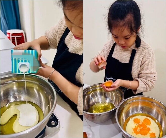 Bé Gà bắt đầu công đoạn đầu tiên là đong đo tỉ lệ sữa và tách lòng đỏ trứng gà một cách cẩn thận để chuẩn bị cho phần cốt bánh.