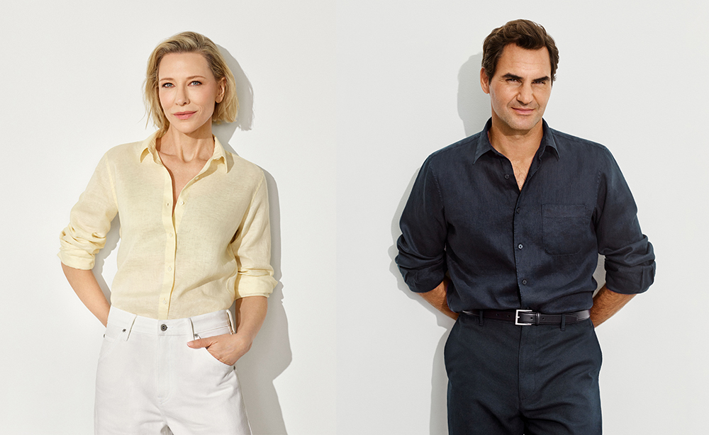Cate Blanchett (trái) và Roger Federer (phải) - Hai Đại sứ Thương hiệu Toàn cầu của UNIQLO trong trang phục Áo Sơ Mi Vải Linen Cao Cấp.