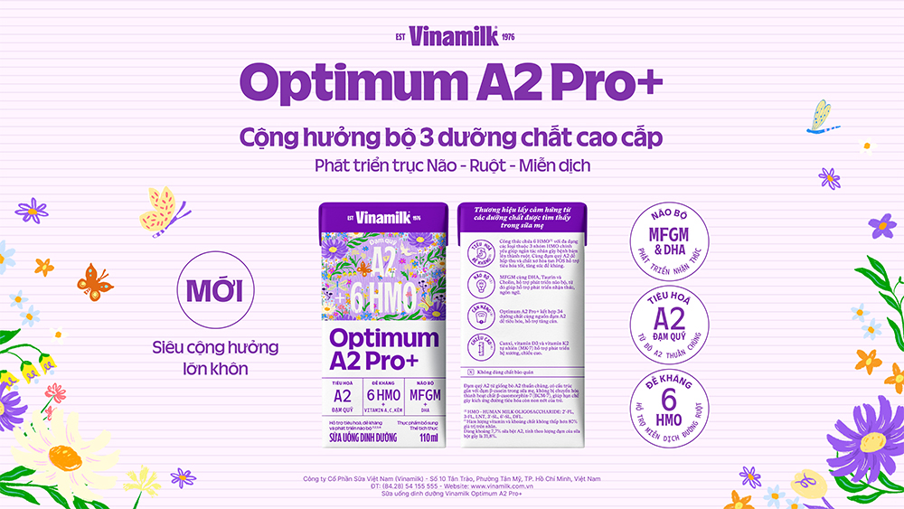 Vinamilk ra mắt Optimum A2 Pro+ với lợi ích cộng hưởng từ đạm quý A2 - 6 HMO - MFGM amp; DHA - 3