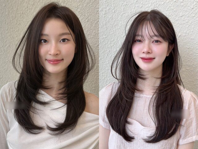 Phần đuôi uốn cụp nhẹ kết hợp layer xếp lớp giúp tóc ôm gương mặt, che xương hàm và má bầu, mang lại diện mạo hài hòa, chỉn chu, rất hợp môi trường công sở.