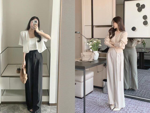 Quần âu ống rộng mang lại vẻ ngoài hiện đại, phóng khoáng hơn quần dáng ôm. Thiết kế cạp cao giúp kéo dài đôi chân, tạo hiệu ứng hack tuổi kín đáo nơi công sở.