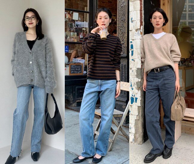 Áo len mỏng + quần jeans suông là công thức trẻ trung, dễ mặc dịp Tết. Áo len giữ ấm vừa đủ, quần jeans suông tạo vẻ năng động, gọn gàng, phù hợp cả chúc Tết lẫn dạo phố.