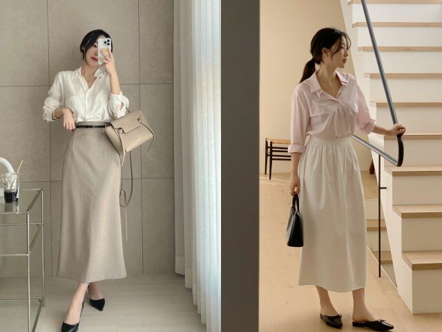 Sơ mi mang đến sự chỉn chu, chân váy tạo nét mềm mại. Set đồ thanh lịch, dễ ăn ảnh phù hợp gặp gỡ gia đình hoặc những buổi hẹn đầu năm.