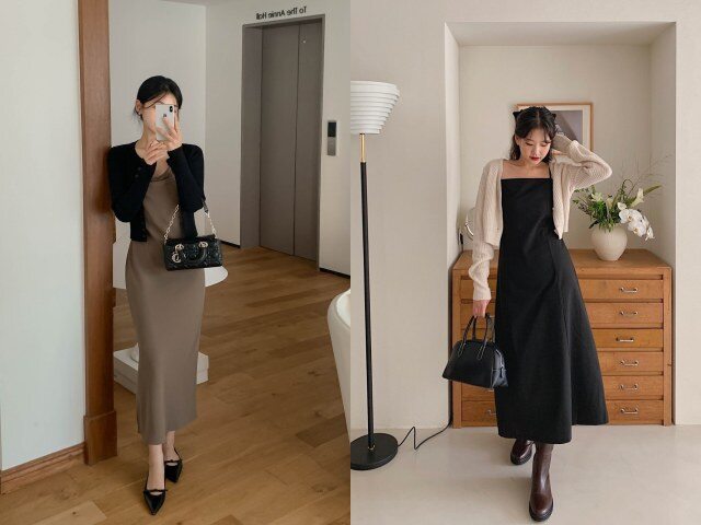 Váy liền giúp tiết kiệm thời gian phối đồ, cardigan tạo điểm nhấn dịu dàng. Tổng thể nhẹ nhàng, nữ tính, rất hợp những ngày Tết se lạnh.