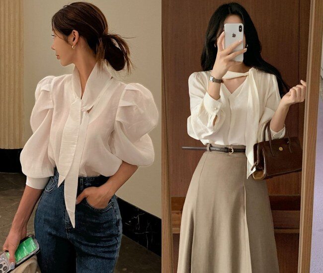 Áo blouse tay bồng hoặc cổ nơ mang lại vẻ dịu dàng, hợp không khí đầu năm. Dễ phối quần suông, jeans hoặc chân váy, vừa thanh lịch vừa trẻ trung.