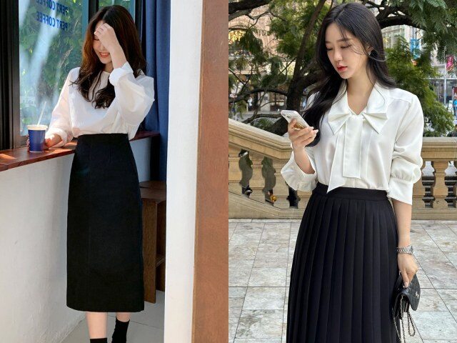 Áo blouse giúp set đồ với chân váy đen trở nên mềm mại và nữ tính hơn. Những thiết kế tay phồng nhẹ, cổ tròn hoặc cổ nơ tạo điểm nhấn vừa đủ, giúp trang phục bớt đơn điệu nhưng vẫn giữ trọn vẻ thanh lịch, tinh tế nơi công sở.