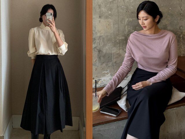 Áo tay dài + chân váy đen Áo tay dài phối cùng chân váy đen mang lại vẻ chỉn chu, gọn gàng