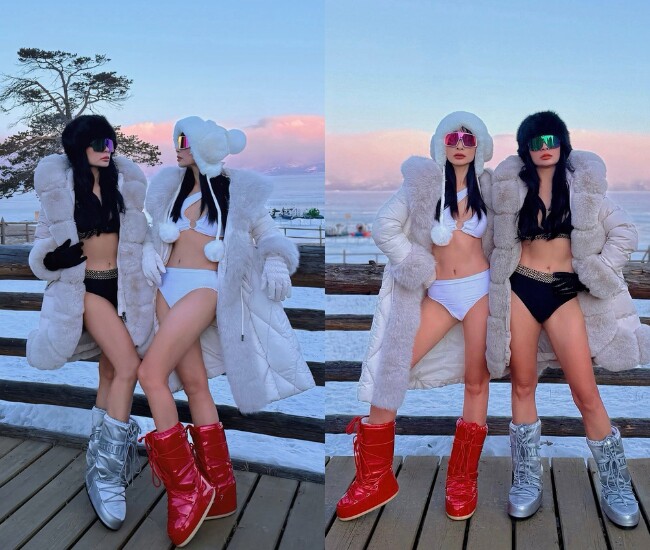 Thúy Hằng - Thúy Hạnh diện bikini táo bạo, khoe chân dài cực phẩm giữa trời tuyết.