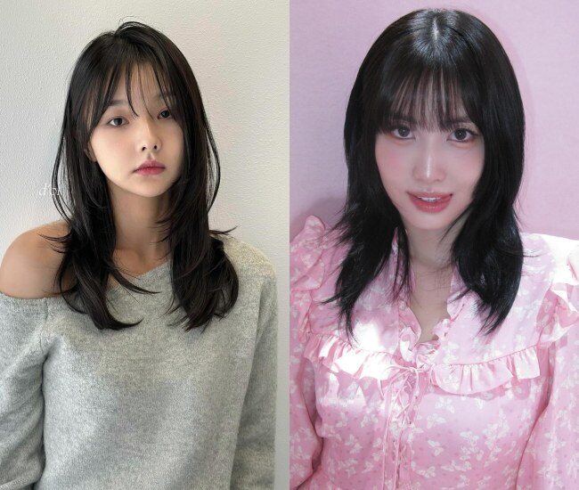 Mái thưa kết hợp tóc ngang vai giúp diện mạo trông trẻ trung và mềm mại hơn rõ rệt. Phần mái che trán khéo léo, làm gương mặt nhỏ gọn, cân đối hơn. Kiểu tóc này hợp nhiều dáng mặt, dễ ứng dụng và không bao giờ lỗi mốt.