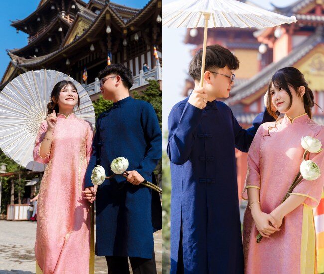 Không gian thanh tịnh, kiến trúc truyền thống, hành lang dài và mái ngói cong giúp áo dài lên hình nhẹ nhàng, an yên, rất hợp không khí Tết đầu năm. (Ảnh: Chụp Ảnh Áo Dài Sài Gòn)