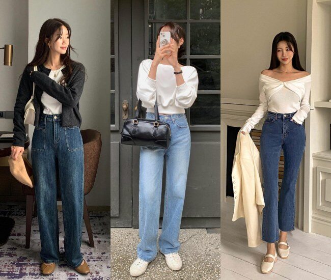 Quần jeans suông mang lại cảm giác thoải mái, dễ di chuyển ngày Tết. Dáng quần đứng giúp tổng thể gọn gàng, trẻ trung, dễ phối áo sơ mi, áo len hay áo thun.