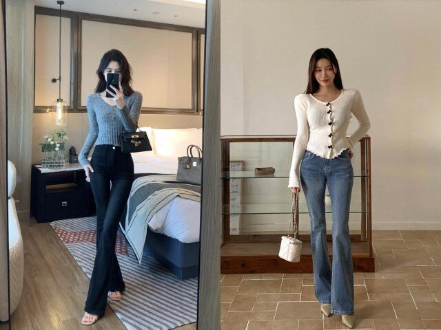 Quần ống loe giúp tôn dáng, tạo hiệu ứng chân dài và che khuyết điểm bắp chân. Dáng loe vừa phải mang lại vẻ nữ tính, chỉn chu nhưng vẫn đủ thoải mái dịp Tết.