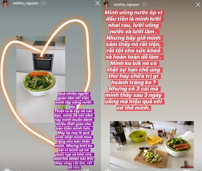 Chia sẻ của Siêu mẫu Minh Tú về việc uống nước ép.