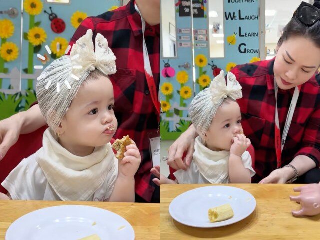 Khi đi học, bé Julia hào hứng tự mukbang đồ ăn mà không cần đến sự hỗ trợ của mẹ.