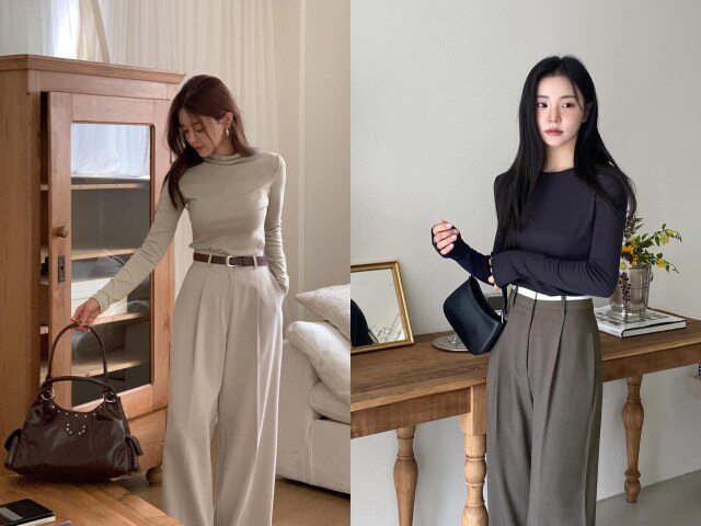 Quần ống rộng giúp outfit thoải mái, che khuyết điểm tốt. Khi phối cùng áo thun dài tay dáng gọn, tổng thể vẫn cân đối, thời trang và không bị luộm thuộm.