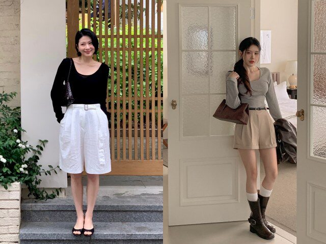 Khi thời tiết chỉ se lạnh nhẹ, áo thun dài tay phối quần short mang lại cảm giác trẻ trung, năng động. Ưu tiên short chất liệu dày để outfit trông hài hòa hơn.