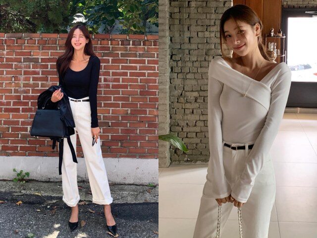 Quần trắng giúp set đồ sáng sủa hơn trong tiết trời lạnh. Áo thun dài tay trung tính cân bằng tổng thể, tạo vẻ ngoài gọn gàng, thanh lịch mà vẫn trẻ trung.