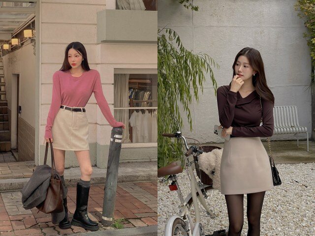 Áo thun dài tay giúp cân bằng độ ngắn của váy, khiến outfit vừa nữ tính vừa kín đáo. Phối thêm boots hoặc tất mỏng sẽ giữ ấm và tăng tính thời trang.