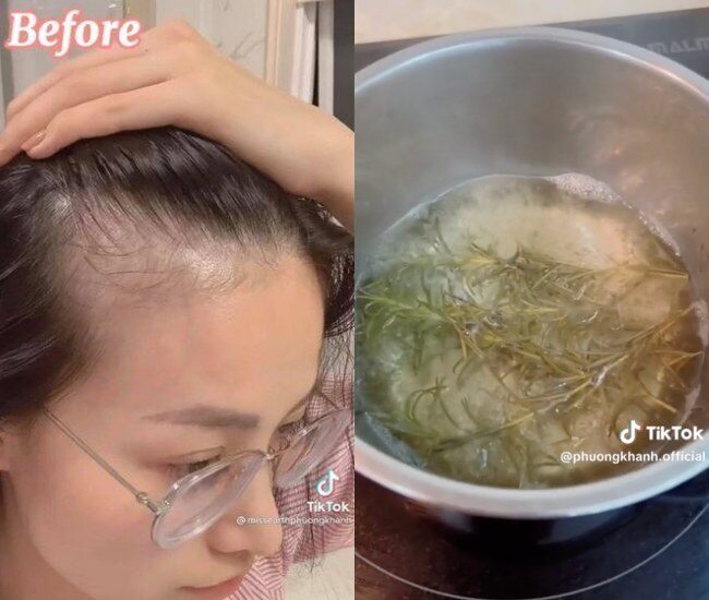 Phương Khánh đun lá hương thảo với nước, để nguội rồi cho vào chai xịt dùng dần. Mỗi lần sử dụng, cô xịt trực tiếp lên chân tóc, massage nhẹ nhàng và ủ trong khoảng 1-2 tiếng trước khi gội lại như bình thường.