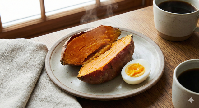 Bữa sáng ăn khoai lang kết hợp cùng trứng bổ sung protein lành mạnh và không gây kích ứng dạ dày.