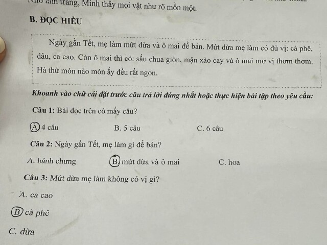 Giáo viên lớp 1 ra bài tập Tiếng Việt về mứt dừa ngày Tết, phụ huynh hoang mang khi nhìn đáp án