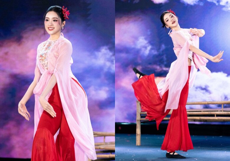 Hình ảnh của Tân Hoa hậu trong phần thi tài năng.