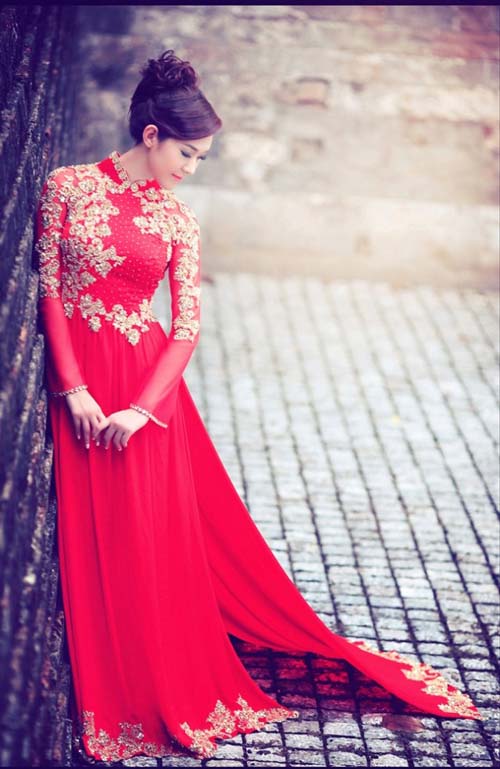 Áo dài cưới cô dâu màu đỏ đô cổ cách tân tay phồng thiết kế cao cấp -  Songhy Bridal