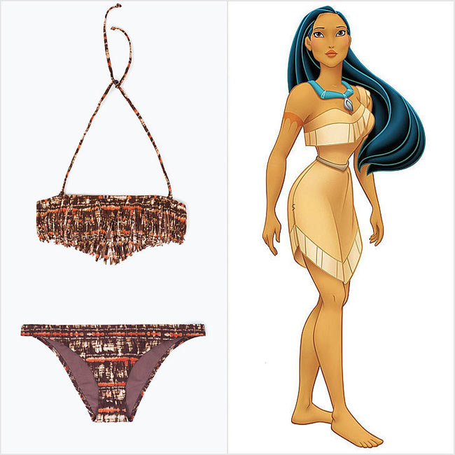 Phải chăng chi tiết tua rua trên trang phục của công chúa Pocahontas là nguồn cảm hứng để Zara tạo nên một bộ áo tắm hai mảnh tua rua, in họa tiết màu sắc.

