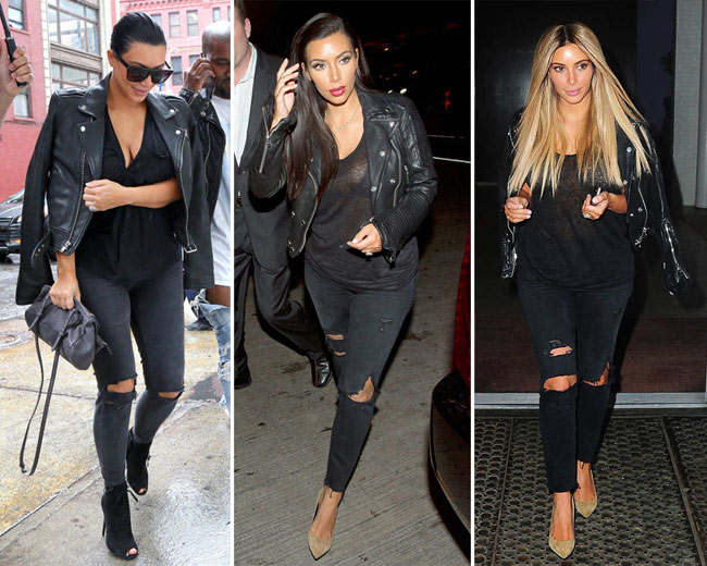 10. Quần jeans màu đen rách gối, áo thun đen và áo khoác da

