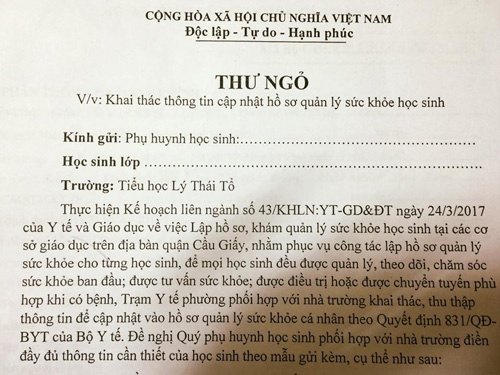 Phiếu sức khỏe trường phát cho trẻ tiểu học hỏi amp;#39;biện pháp tránh thai, số lần sảy thaiamp;#39; - 1