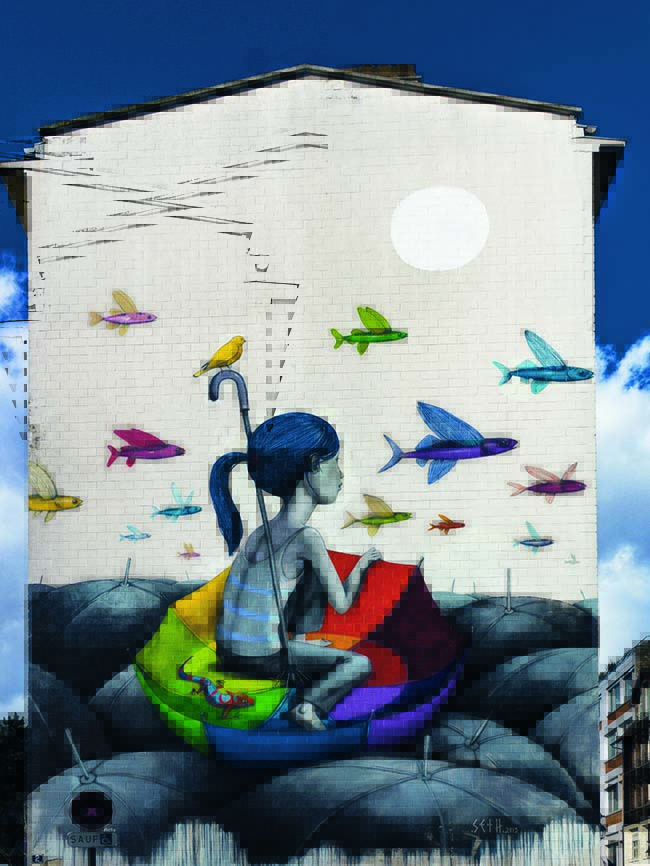 PARIS, PHÁP

Bức tranh của nghệ sĩ Seth mang hình ảnh bé gái ngồi trên ô lộn ngược nhiều màu sắc, nhìn cá bơi lội được khắc họa trong bức tranh đường phố tại khu Rue Emile Deslandres ở Paris, Pháp.

 Ảnh: Seth
