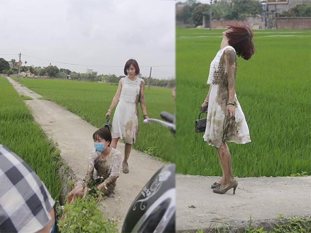 Xúng xính xinh đẹp đi đám cưới, hai cô gái váy trắng tinh khôi lao luôn xuống ruộng