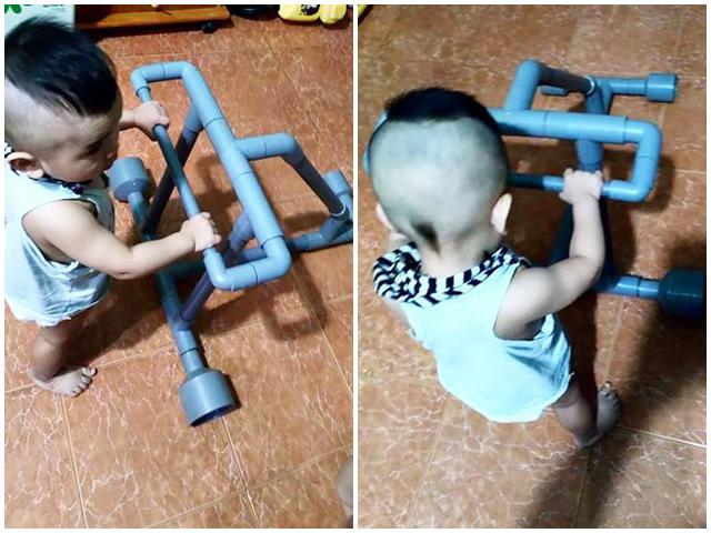 Bố Đắk Lắk tự chế xe tập đi cho con trai từ ống nước với chi phí 0 đồng